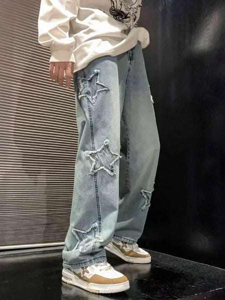 Alwanova Heren Star Geborduurde Ruime Jeans