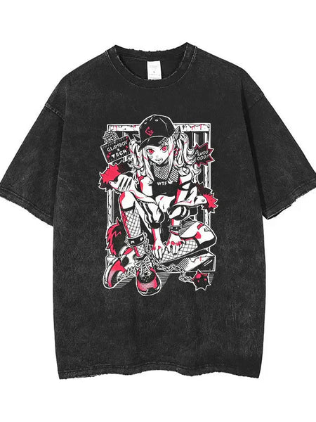 Retro Anime Printed Washed Tee - Wichuw